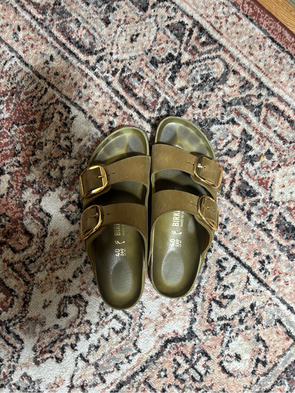 Birkenstock Leather Double Buckle Sandals in Olive Green